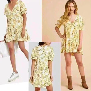 Faithfull Anina Goldie V-neck Floral Gold Yellow White Lined Mini Dress  size M